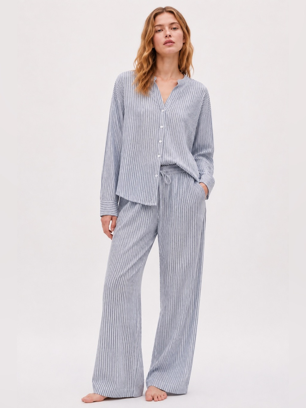Gap Body Pajama Set Blue White Striped Wide Leg Pants Long Sleeve Medium